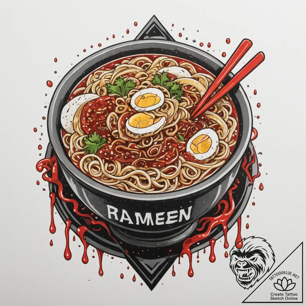 A neon ramen shop sign in the rain, ink illus... - tattoo sketch (№1755418074_0, 17.08.2025 08:07) — tattoovalue.net