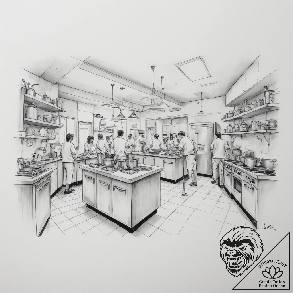 The inside of a bustling, chaotic commercial... - tattoo sketch (№1755418272_0, 17.08.2025 08:11) — tattoovalue.net