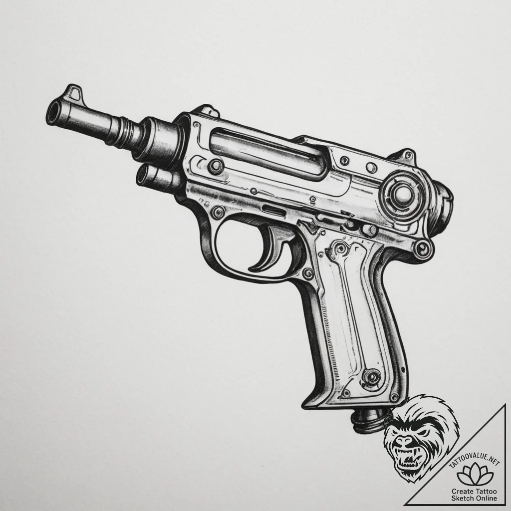 Retro-futuristic ray gun - tattoo sketch (№1755418862_0, 17.08.2025 08:21) — tattoovalue.net