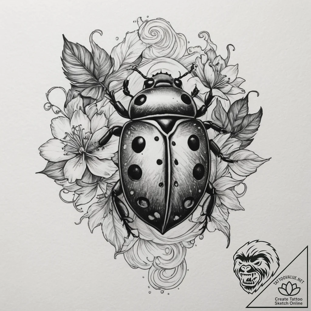 A detailed macro shot of a ladybug on a green... - tattoo sketch (№1755419456_0, 17.08.2025 08:30) — tattoovalue.net