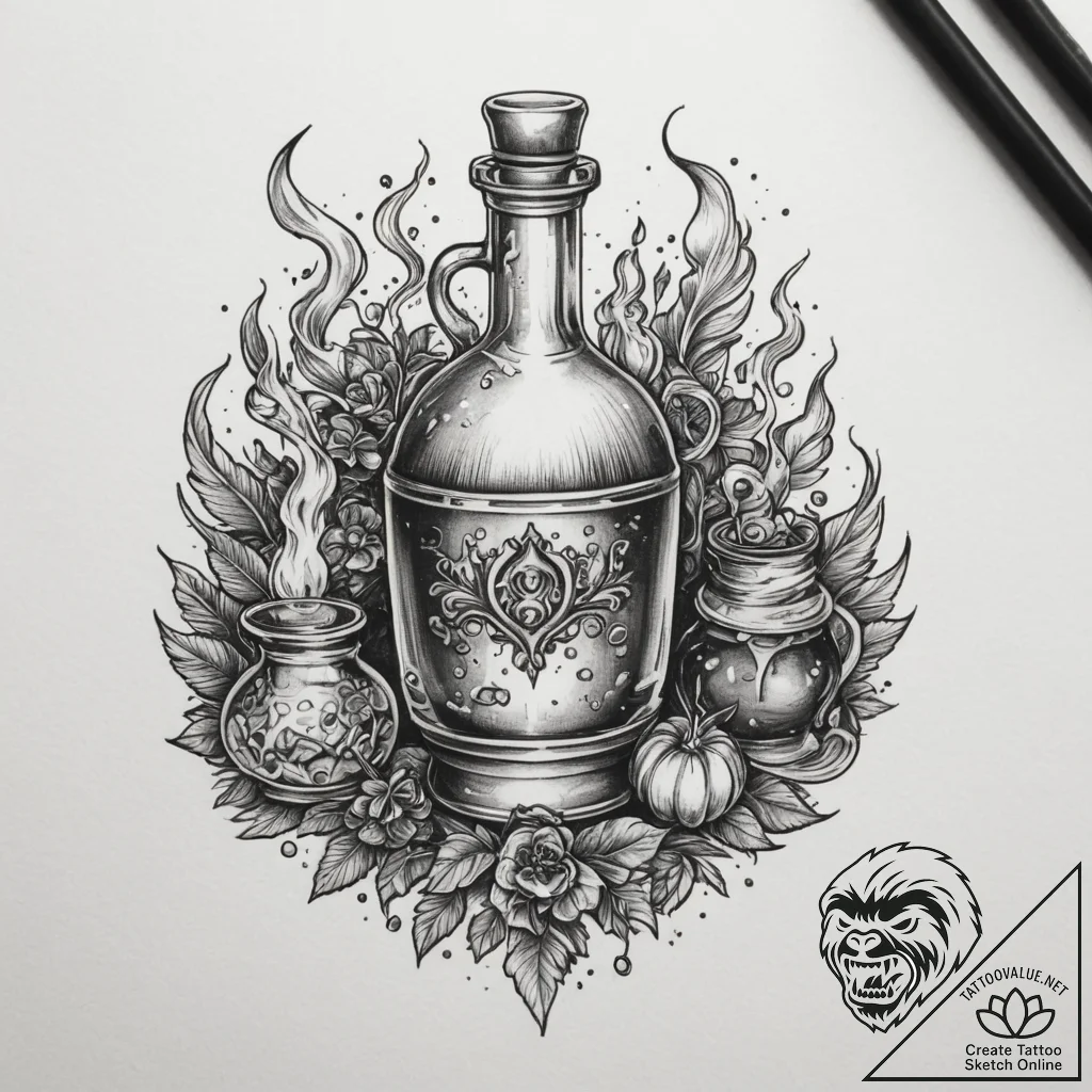 Tattoo sketch a stylized potion belt with var... - tattoo sketch (№1755423612_0, 17.08.2025 09:40) — tattoovalue.net