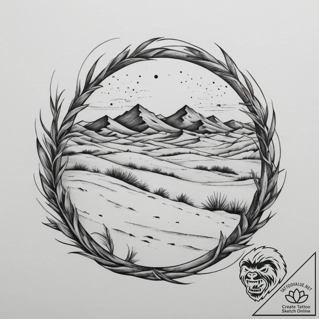 A desert landscape at sunset, the sand dunes... - tattoo sketch (№1755424601_0, 17.08.2025 09:56) — tattoovalue.net