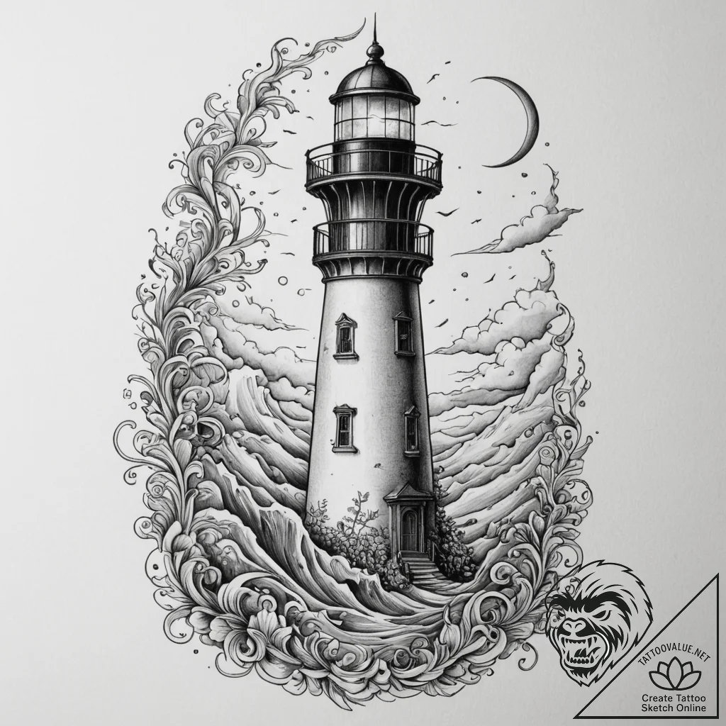 The view from a lighthouse lantern room on a... - tattoo sketch (№1755424799_0, 17.08.2025 09:59) — tattoovalue.net