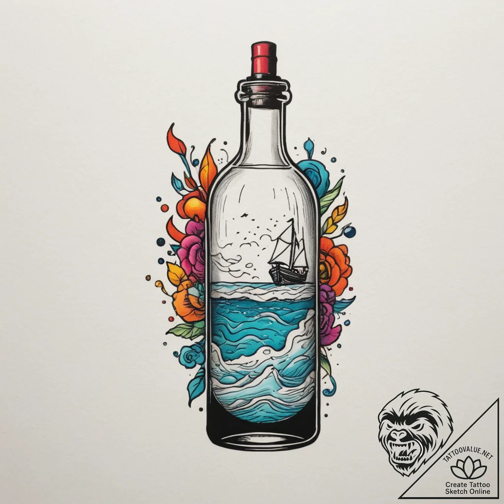 Message in a bottle, tattoo sketch design, vi... - tattoo sketch (№1755426390_0, 17.08.2025 10:26) — tattoovalue.net