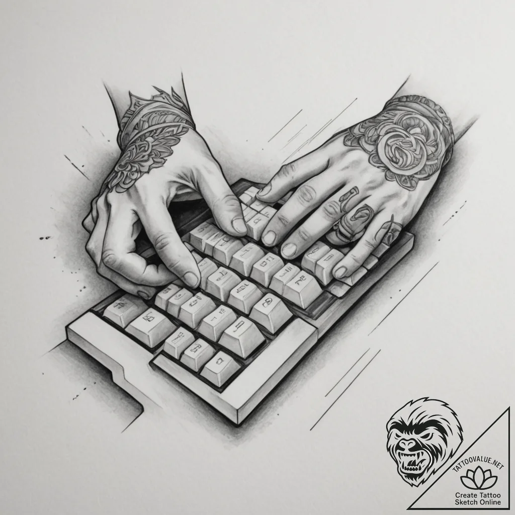 Tattoo sketch a gamer's hands on a keyboard a... - tattoo sketch (№1755427181_0, 17.08.2025 10:39) — tattoovalue.net