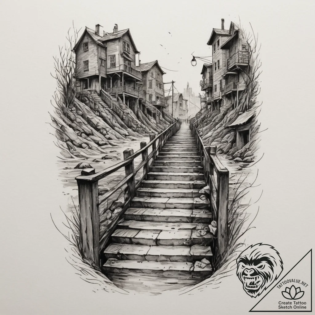 Stairway leading to a submerged city, artisti... - tattoo sketch (№1755429762_0, 17.08.2025 11:22) — tattoovalue.net