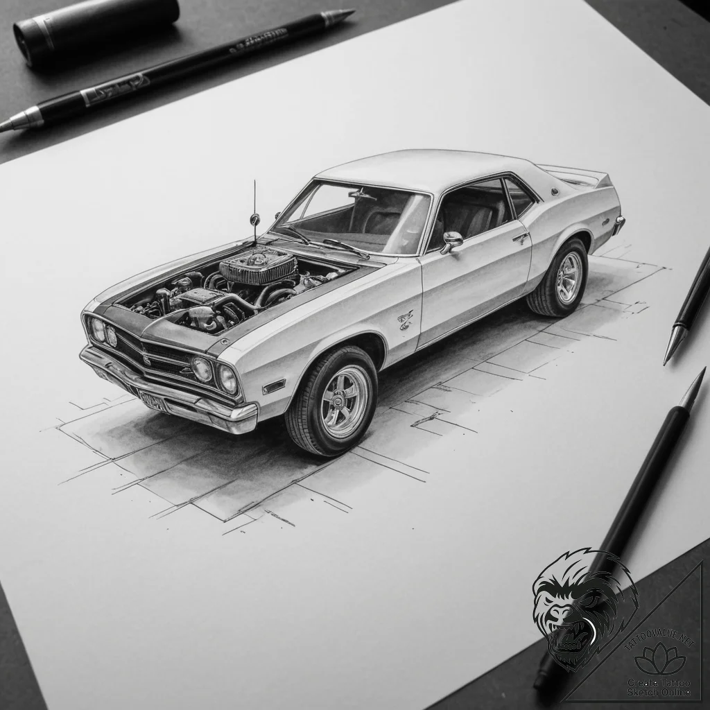 The inside of a busy, gritty auto repair shop... - tattoo sketch (№1755433160_0, 17.08.2025 12:19) — tattoovalue.net