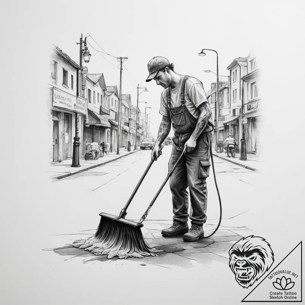 A street sweeper cleaning a city street in th... - tattoo sketch (№1755436572_0, 17.08.2025 13:16) — tattoovalue.net