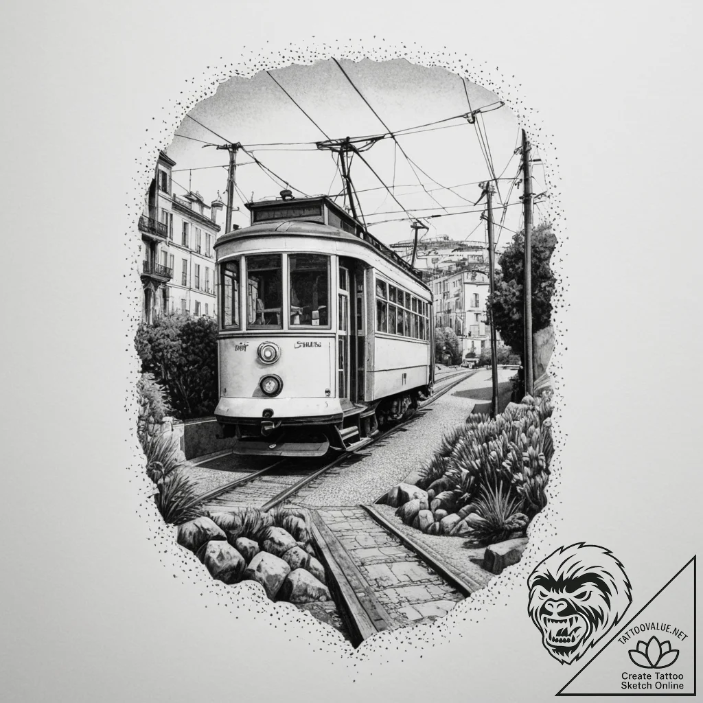 A vintage tram climbing a steep hill in lisbo... - tattoo sketch (№1755439157_0, 17.08.2025 13:59) — tattoovalue.net