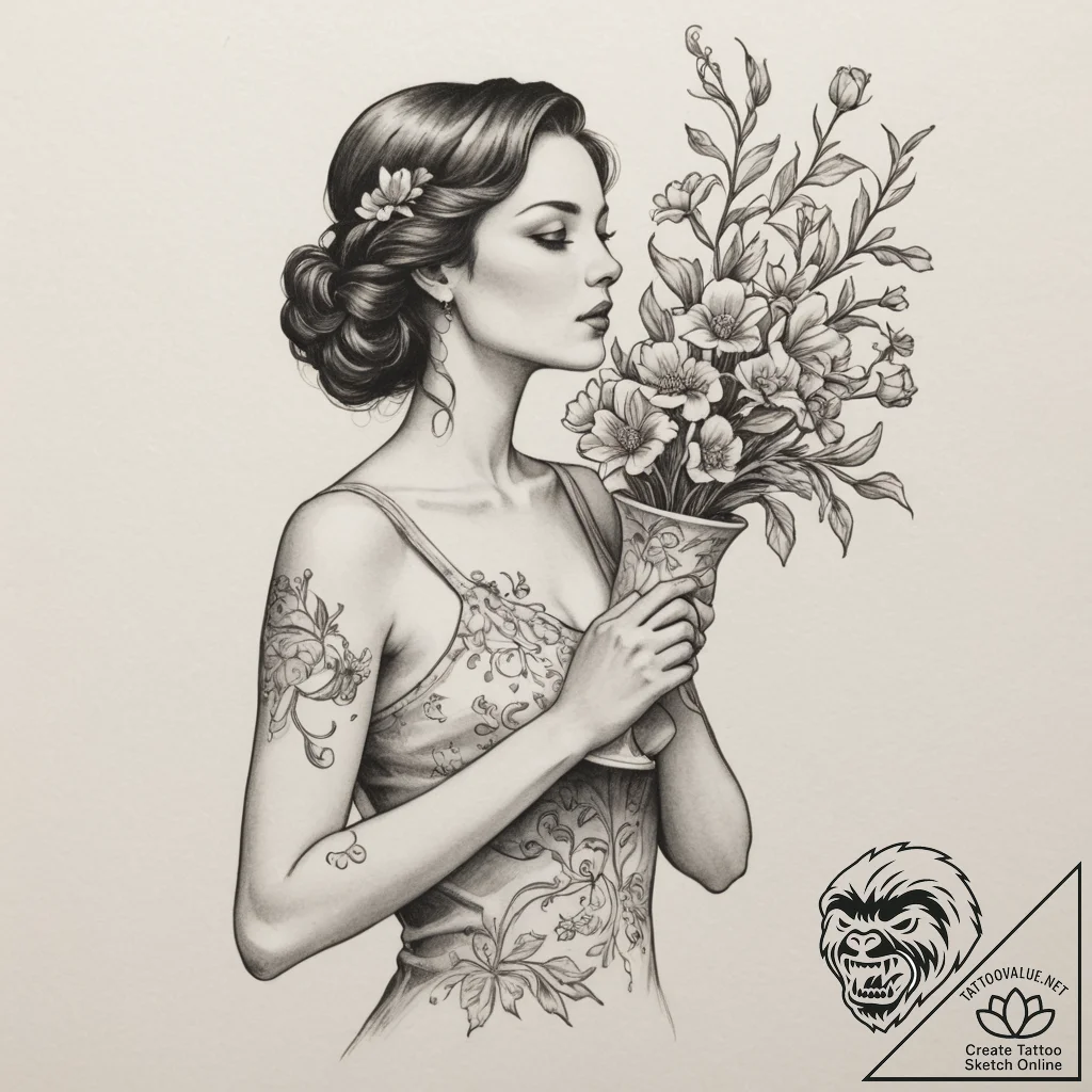 A person arranging flowers in a vase., artist... - tattoo sketch (№1755442519_0, 17.08.2025 14:55) — tattoovalue.net