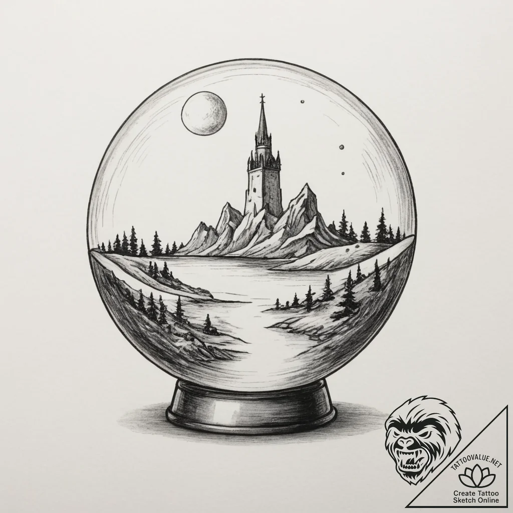 A shot through a crystal ball, showing an inv... - tattoo sketch (№1755446730_0, 17.08.2025 16:05) — tattoovalue.net