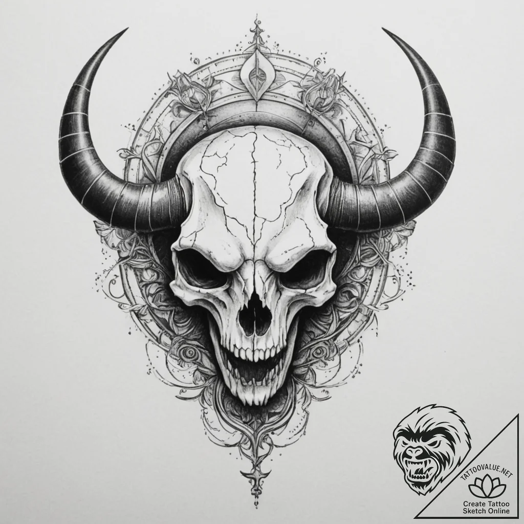 Tattoo design a zodiac animal skull in heavy... - tattoo sketch (№1755447550_0, 17.08.2025 16:19) — tattoovalue.net