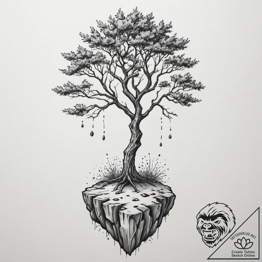 A shot of a lone tree on a cliff, battered by... - tattoo sketch (№1755452622_0, 17.08.2025 17:43) — tattoovalue.net