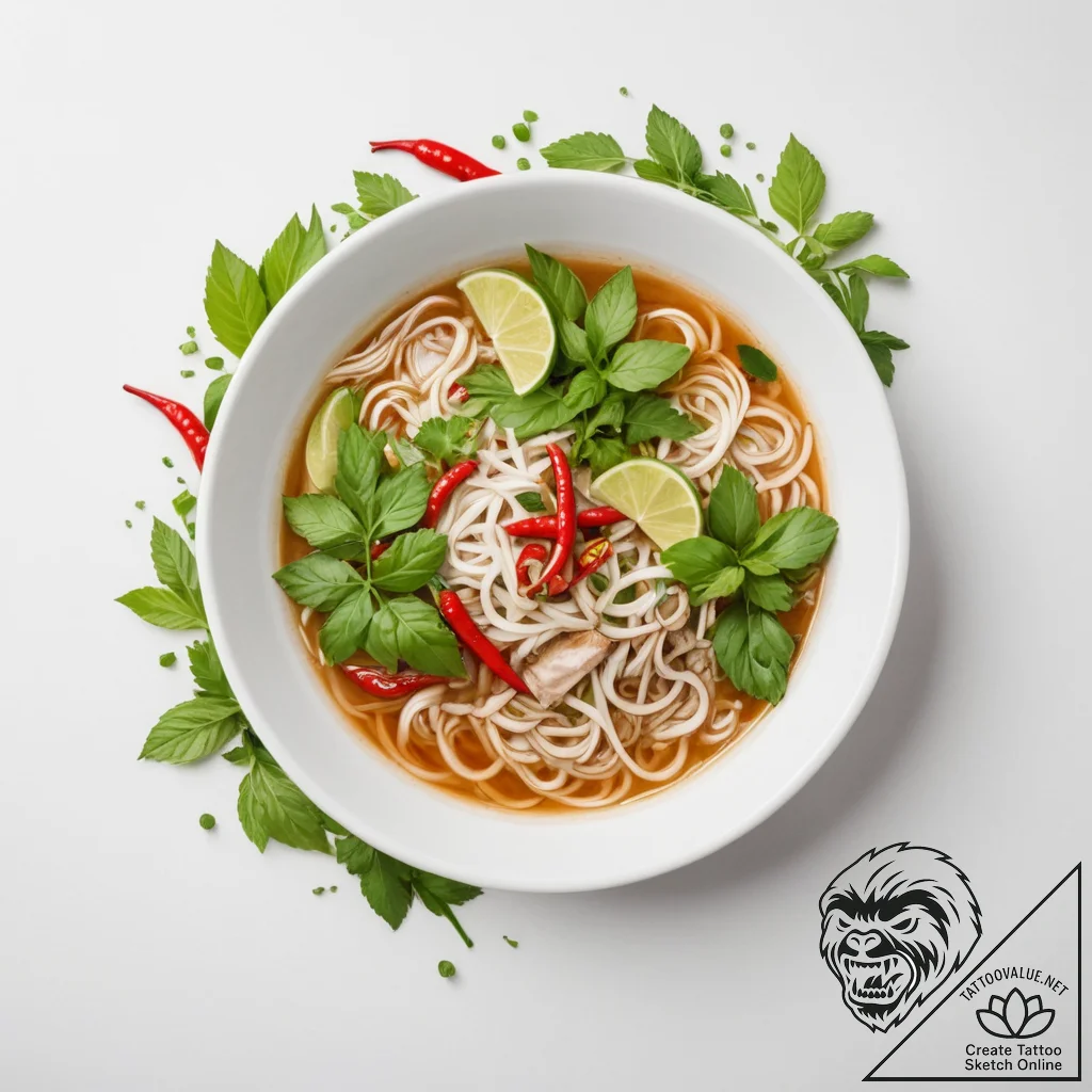 A vibrant bowl of pho, with fresh herbs, lime... - tattoo sketch (№1755453027_0, 17.08.2025 17:50) — tattoovalue.net