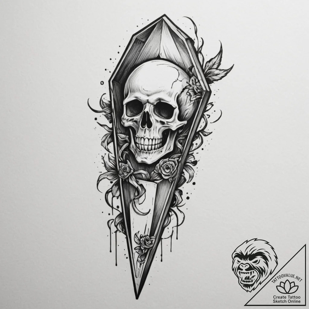 Coffin, artistic tattoo sketch, on a clean wh... - tattoo sketch (№1755454034_0, 17.08.2025 18:07) — tattoovalue.net