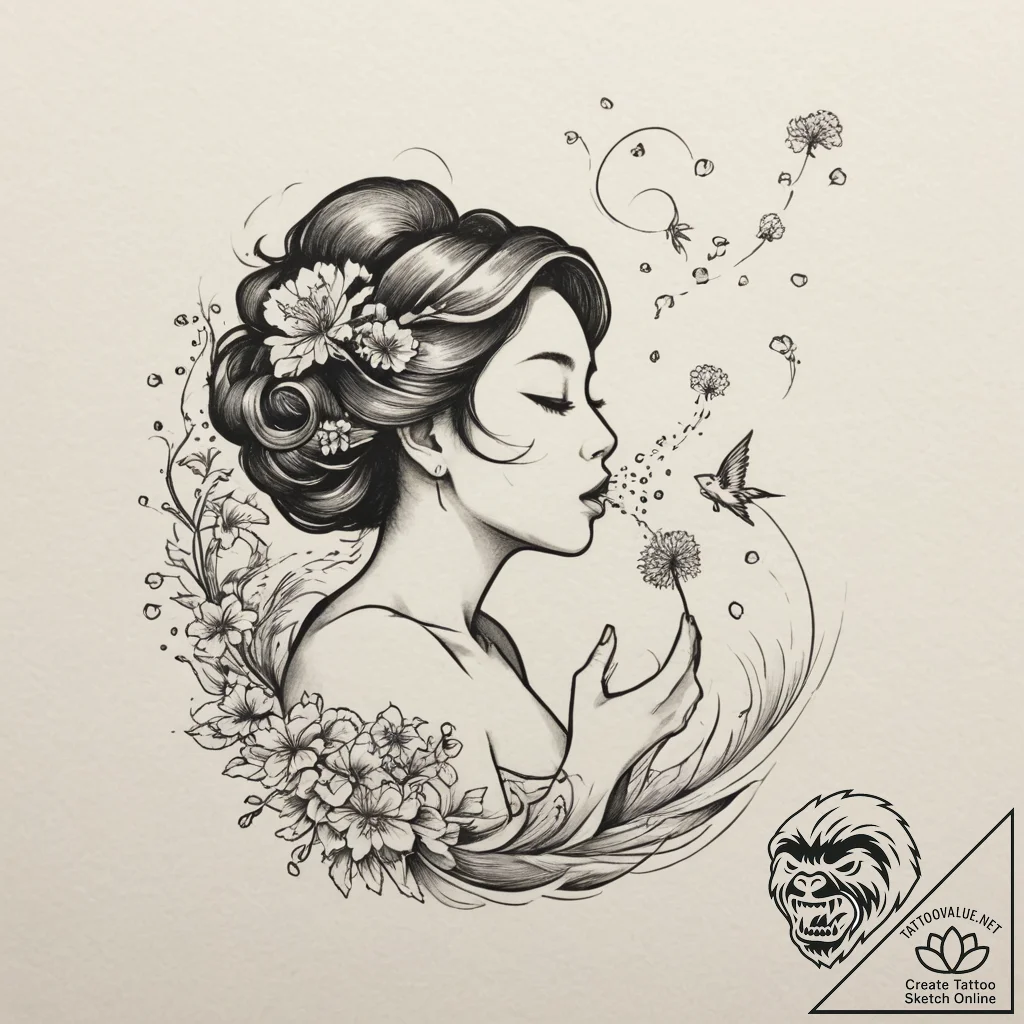 Tattoo sketch a silhouette of a woman blowing... - tattoo sketch (№1755455653_0, 17.08.2025 18:34) — tattoovalue.net