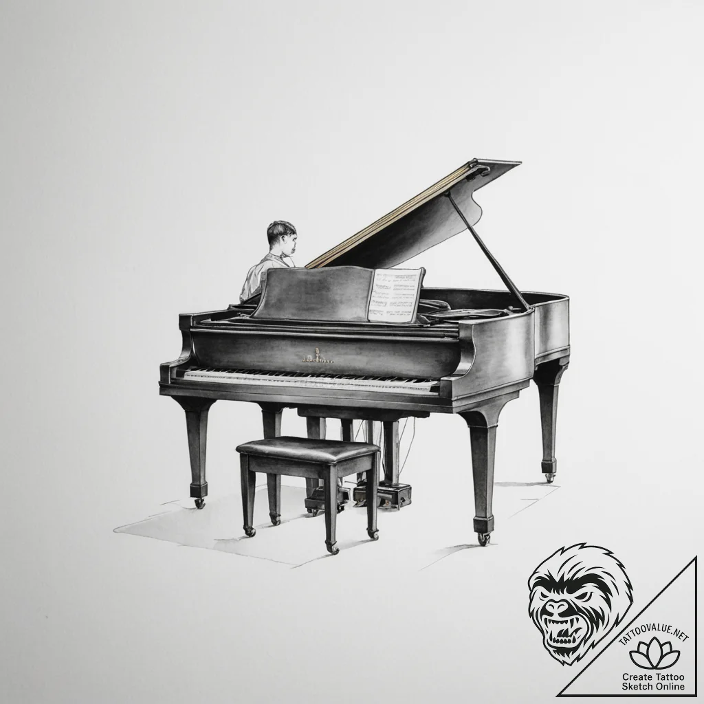 A person playing a grand piano in an empty co... - tattoo sketch (№1755456858_0, 17.08.2025 18:54) — tattoovalue.net