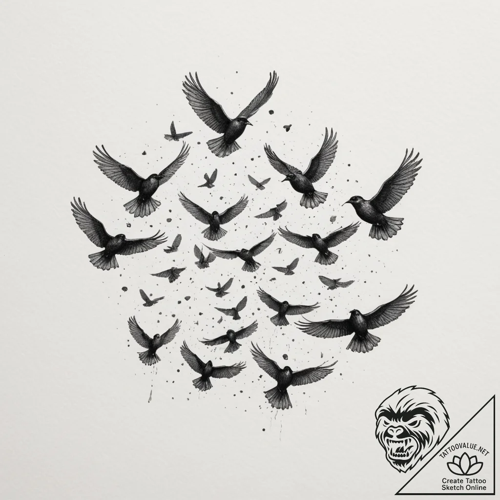 Tattoo sketch a flock of birds flying in form... - tattoo sketch (№1755457255_0, 17.08.2025 19:00) — tattoovalue.net