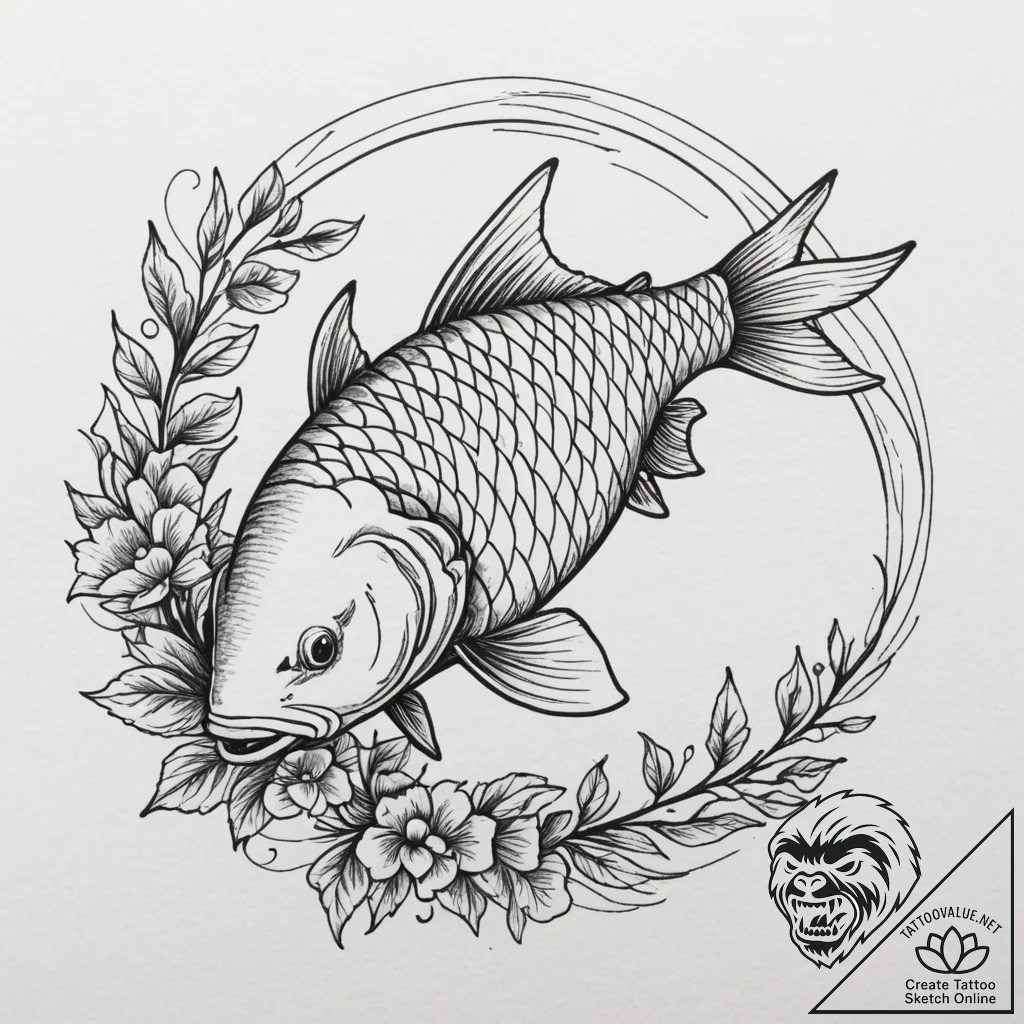 Carp, tattoo line art, on a clean white paper... - tattoo sketch (№1755458884_0, 17.08.2025 19:28) — tattoovalue.net