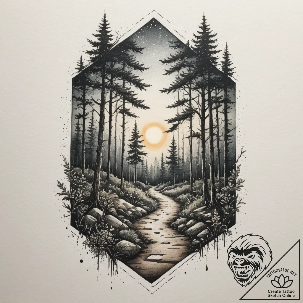 Tattoo design a tranquil forest path leading... - tattoo sketch (№1755460691_0, 17.08.2025 19:58) — tattoovalue.net