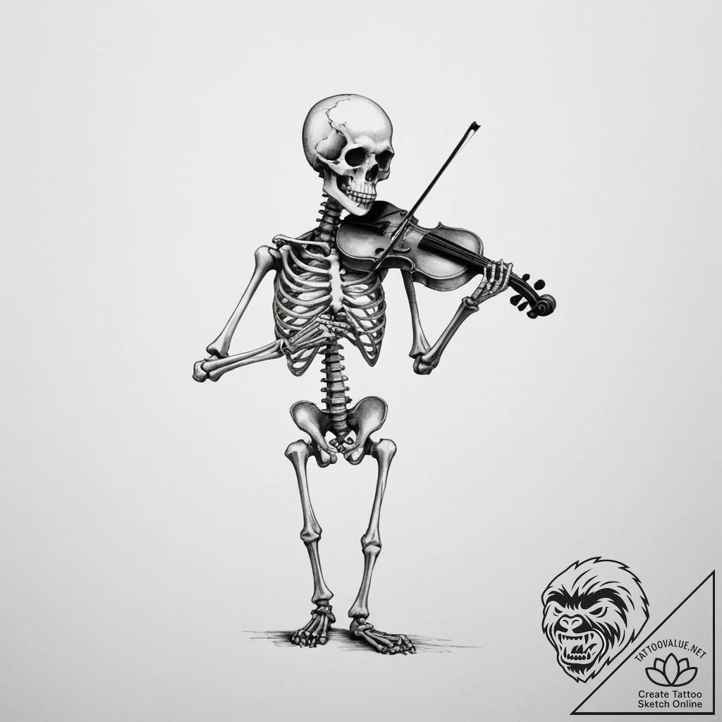 A skeleton playing a violin made of bone - tattoo sketch (№1755463486_0, 17.08.2025 20:44) — tattoovalue.net