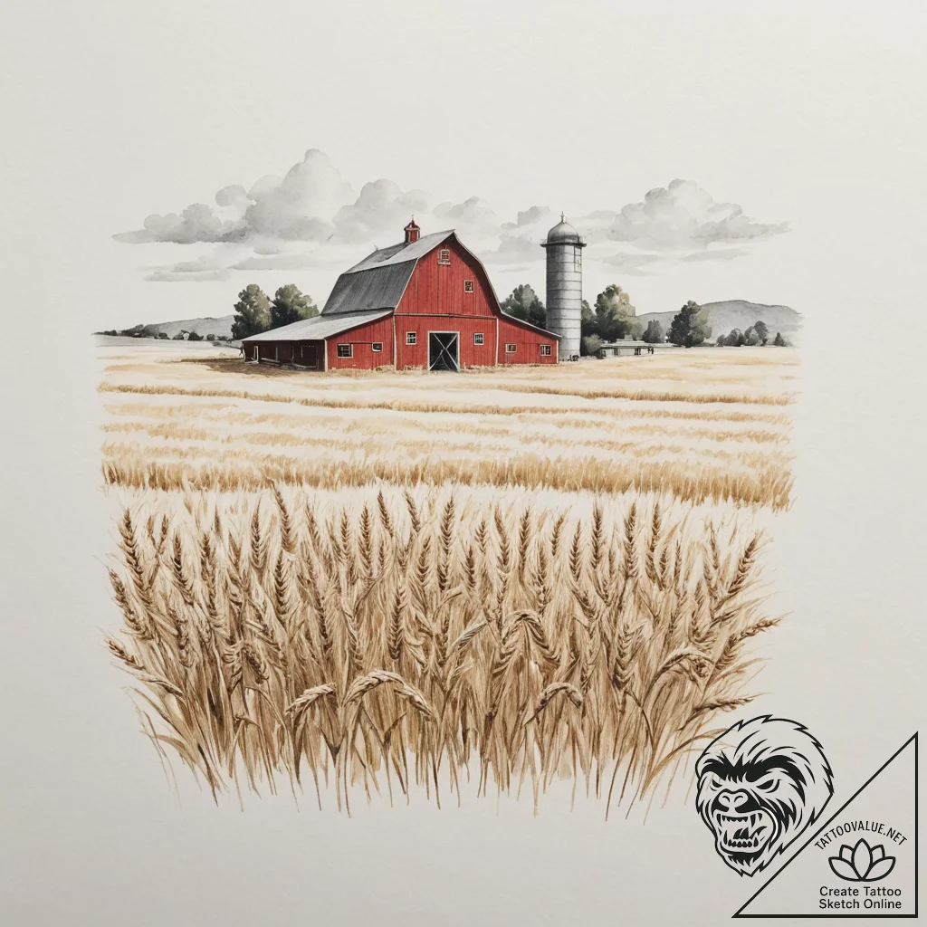 A classic red barn in a field of golden wheat... - tattoo sketch (№1755464677_0, 17.08.2025 21:04) — tattoovalue.net