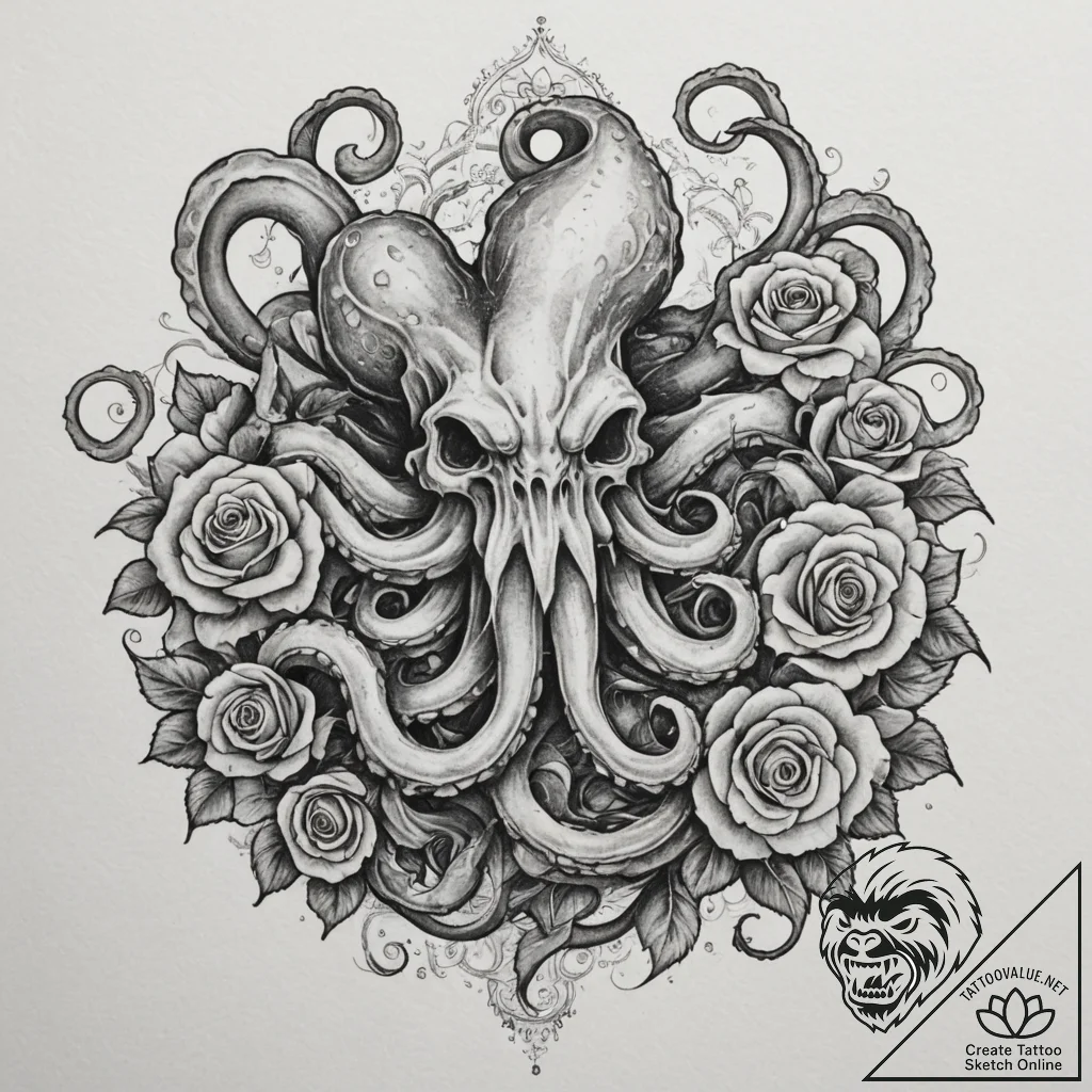 Kraken, concept art for tattoo, on a clean wh... - tattoo sketch (№1755465073_0, 17.08.2025 21:11) — tattoovalue.net
