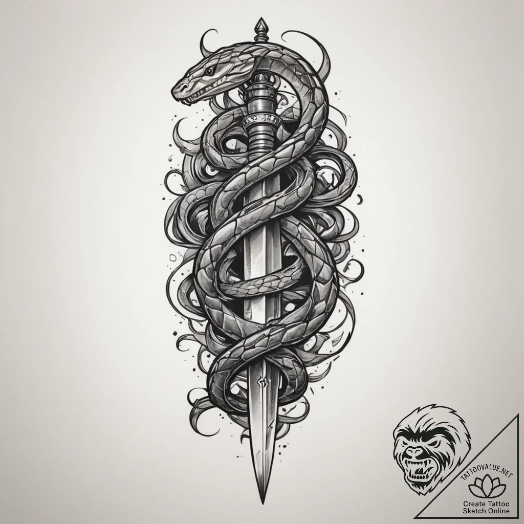 A dagger with a snake coiled around it, tatto... - tattoo sketch (№1755470193_0, 17.08.2025 22:36) — tattoovalue.net