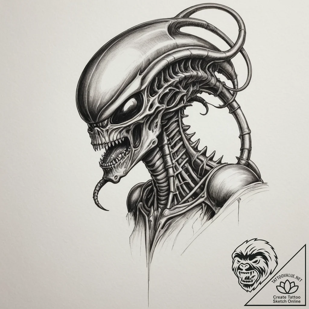 A xenomorph from alien, artistic tattoo sketc... - tattoo sketch (№1755480623_0, 18.08.2025 01:30) — tattoovalue.net