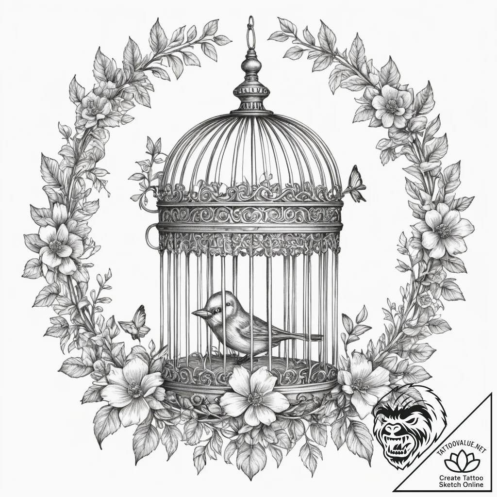 Tattoo design a small, ornate birdcage with i... - tattoo sketch (№1755481631_0, 18.08.2025 01:47) — tattoovalue.net