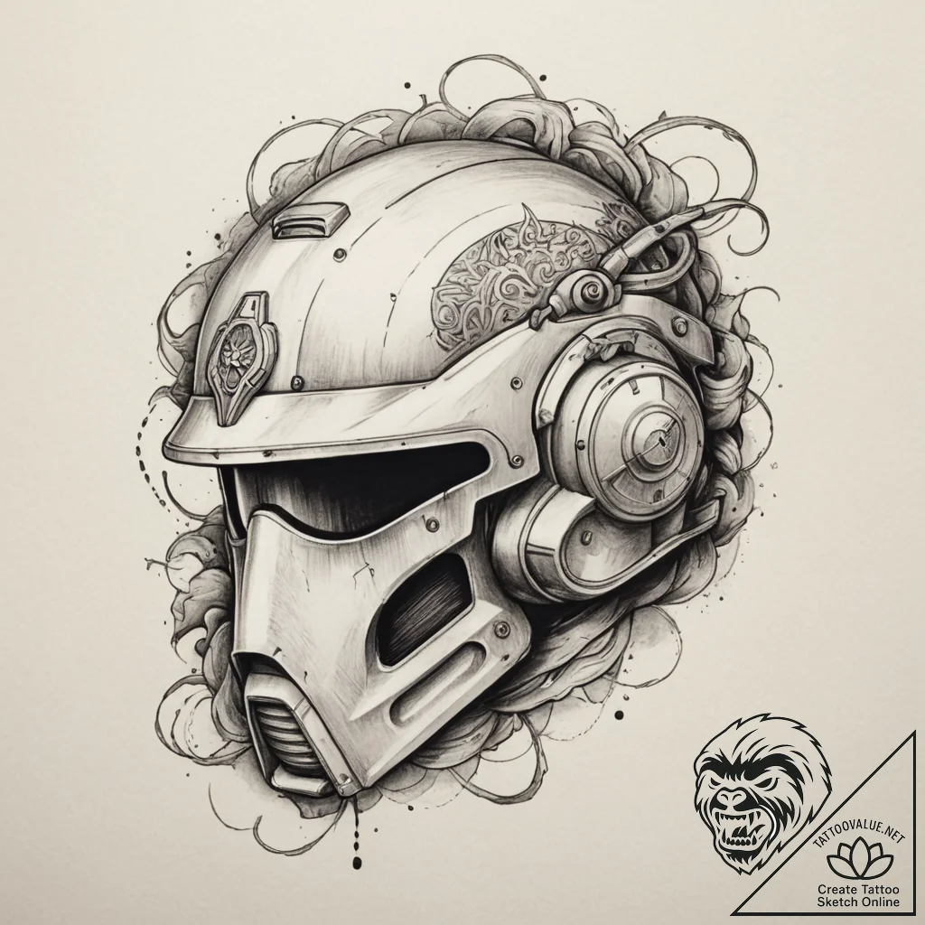 Tattoo sketch a stylized combat helmet subtly... - tattoo sketch (№1755482649_0, 18.08.2025 02:04) — tattoovalue.net