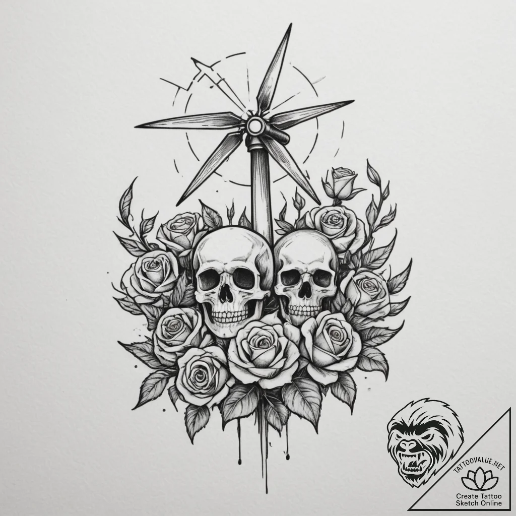 A wind turbine field at sunset., tattoo flash... - tattoo sketch (№1755483259_0, 18.08.2025 02:14) — tattoovalue.net