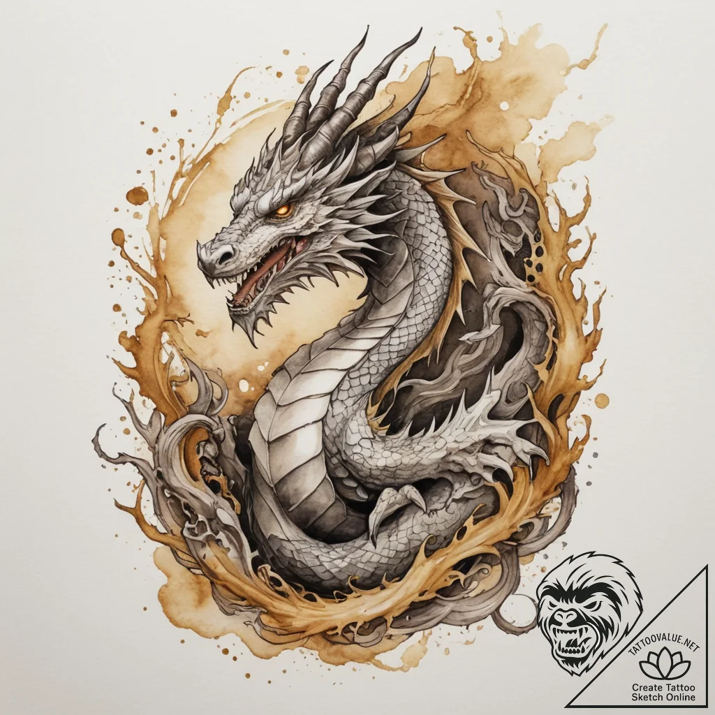 Dragon guarding a hoard of gold, ink illustra... - tattoo sketch (№1755483459_0, 18.08.2025 02:17) — tattoovalue.net