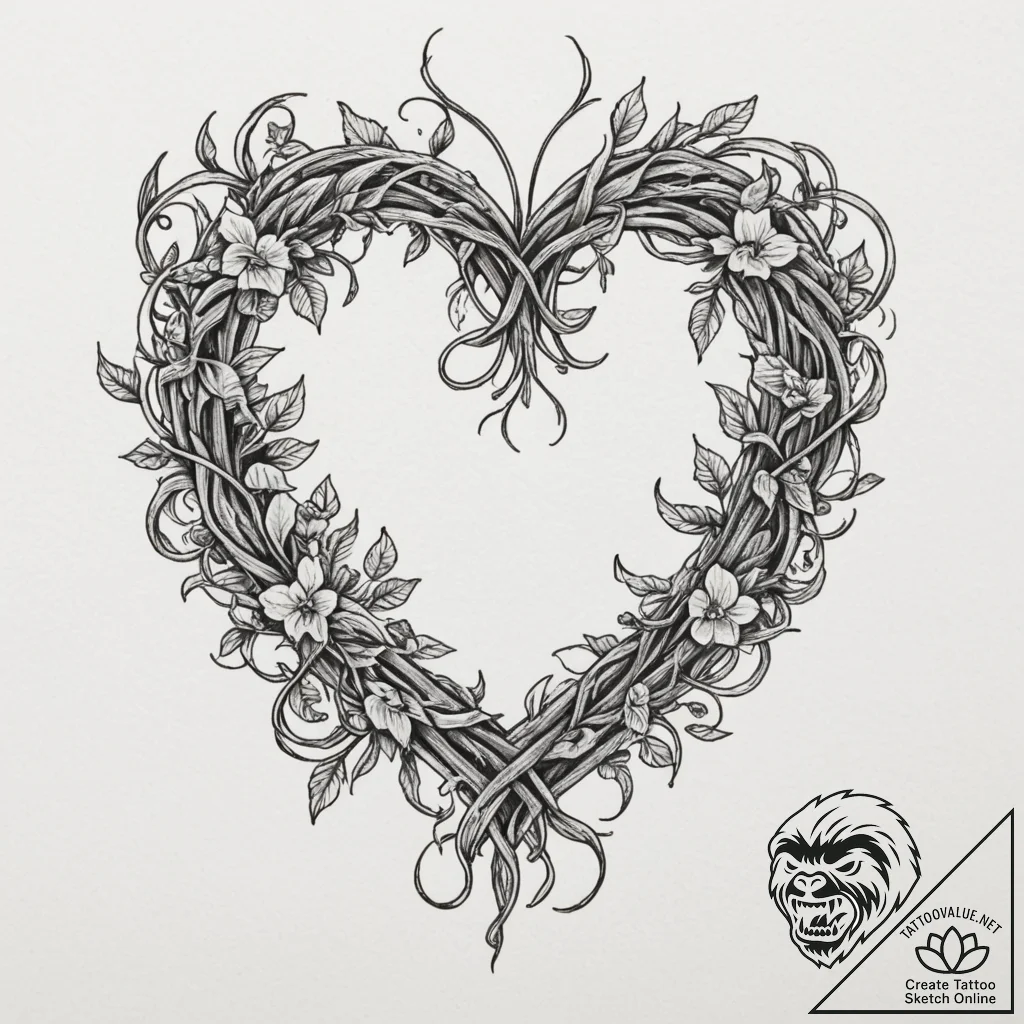 Tattoo sketch a heart woven from delicate vin... - tattoo sketch (№1755483859_0, 18.08.2025 02:24) — tattoovalue.net