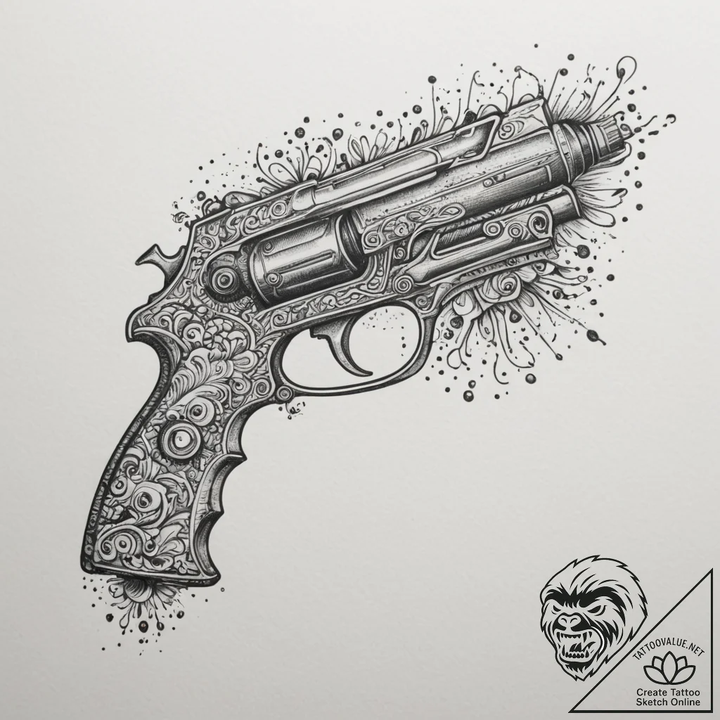 Retro-futuristic ray gun, ink illustration fo... - tattoo sketch (№1755484460_0, 18.08.2025 02:34) — tattoovalue.net