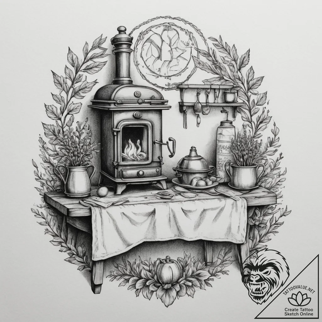 A warm and inviting farmhouse kitchen with a... - tattoo sketch (№1755485260_0, 18.08.2025 02:47) — tattoovalue.net
