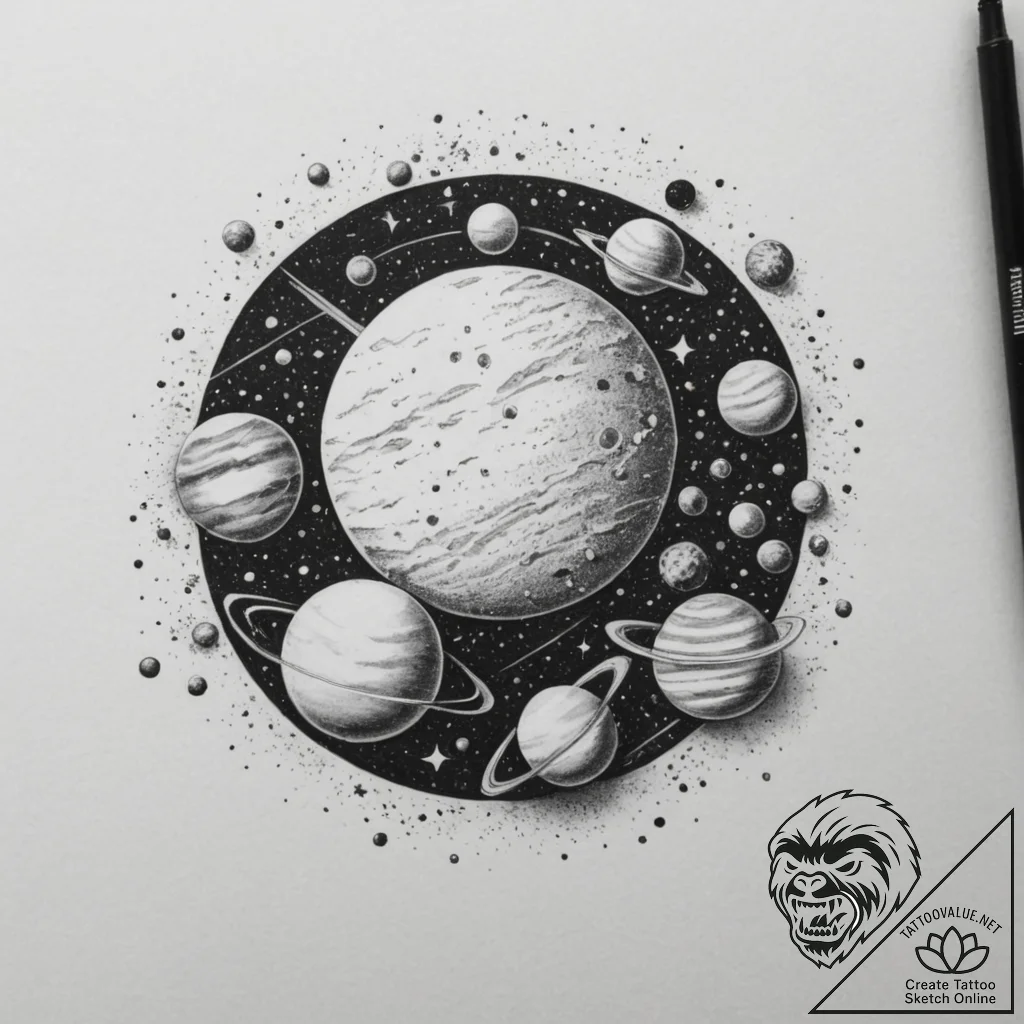 Planets, concept art for tattoo, realistic bl... - tattoo sketch (№1755485664_0, 18.08.2025 02:54) — tattoovalue.net