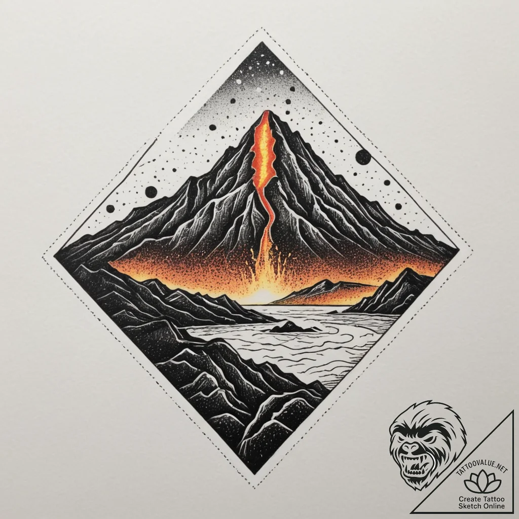Tattoo sketch a volcanic landscape with glowi... - tattoo sketch (№1755486062_0, 18.08.2025 03:01) — tattoovalue.net
