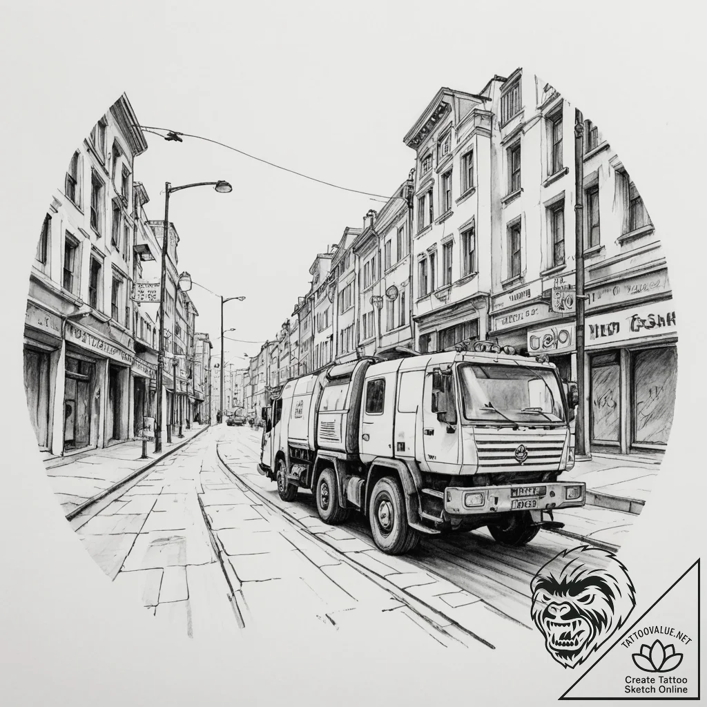 A street sweeper cleaning a city street in th... - tattoo sketch (№1755488676_0, 18.08.2025 03:44) — tattoovalue.net
