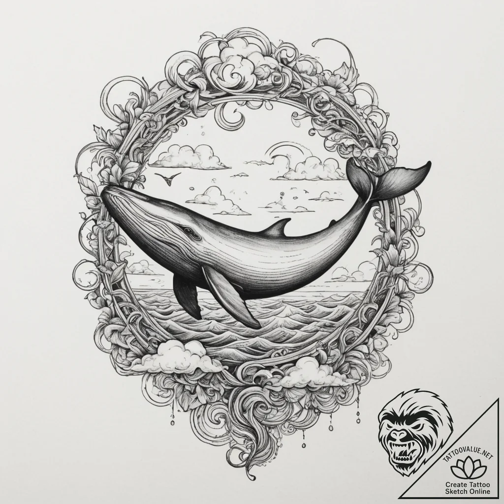 A whale swimming through clouds, tattoo drawi... - tattoo sketch (№1755489475_0, 18.08.2025 03:57) — tattoovalue.net