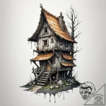 Baba yaga’s hut on chicken legs, ink illustra… – tattoo sketch (№1755491287_0, 18.08.2025 04:28) — tattoovalue.net
