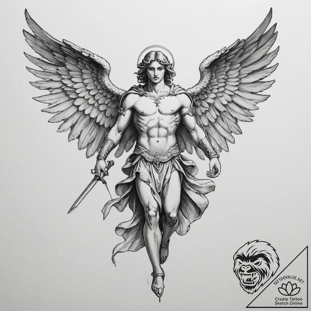 Archangel michael, ink illustration for tatto... - tattoo sketch (№1755491694_0, 18.08.2025 04:34) — tattoovalue.net