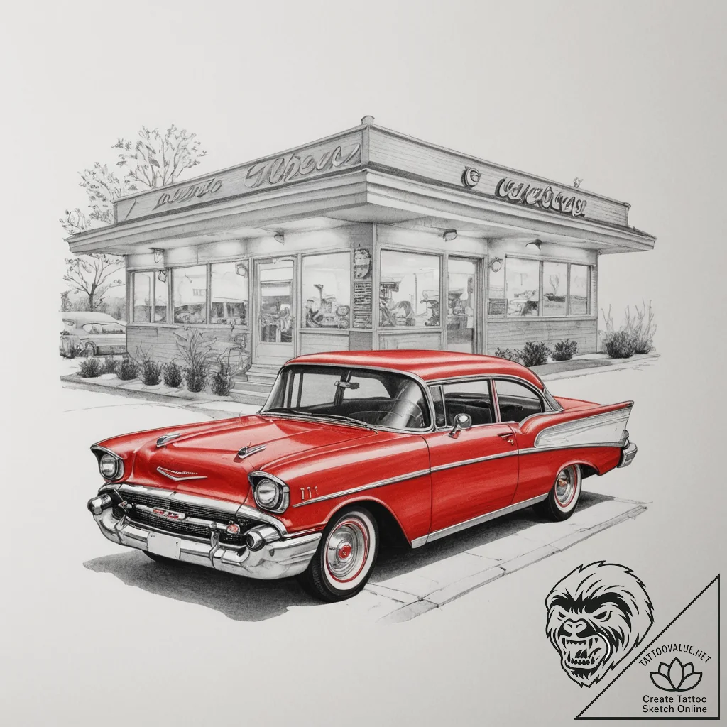 A classic, cherry red 1957 chevrolet bel air... - tattoo sketch (№1755492093_0, 18.08.2025 04:41) — tattoovalue.net