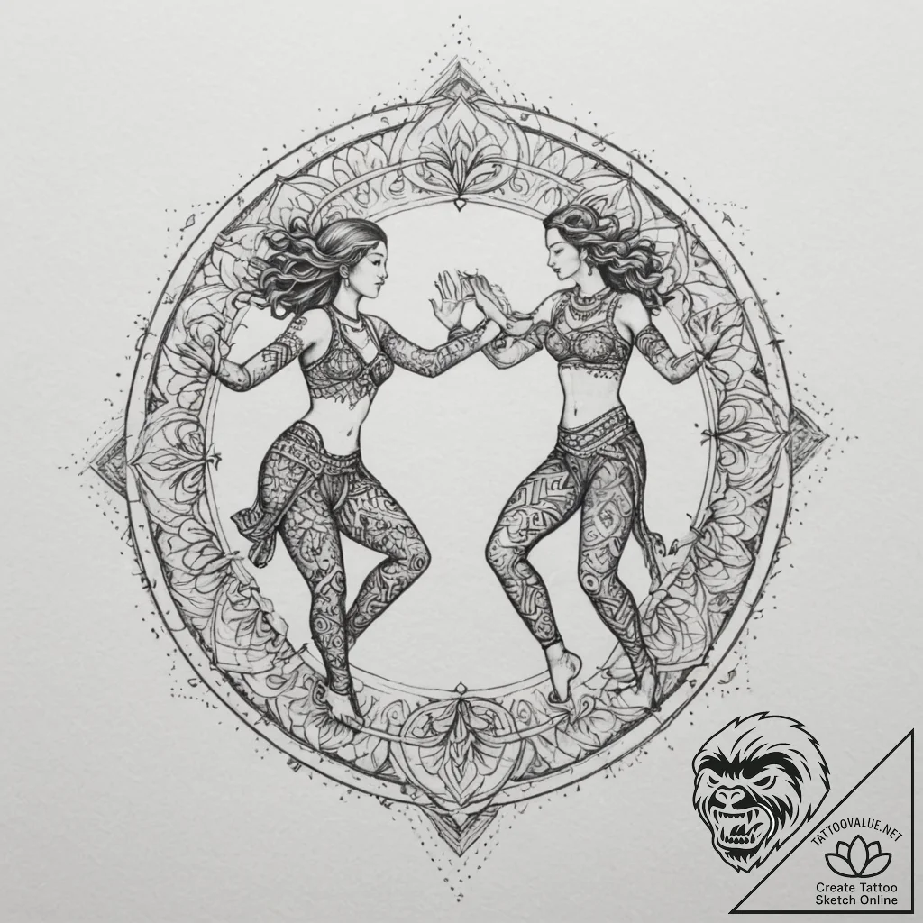 Tattoo design a pair of dancing figures in a... - tattoo sketch (№1755492292_0, 18.08.2025 04:44) — tattoovalue.net