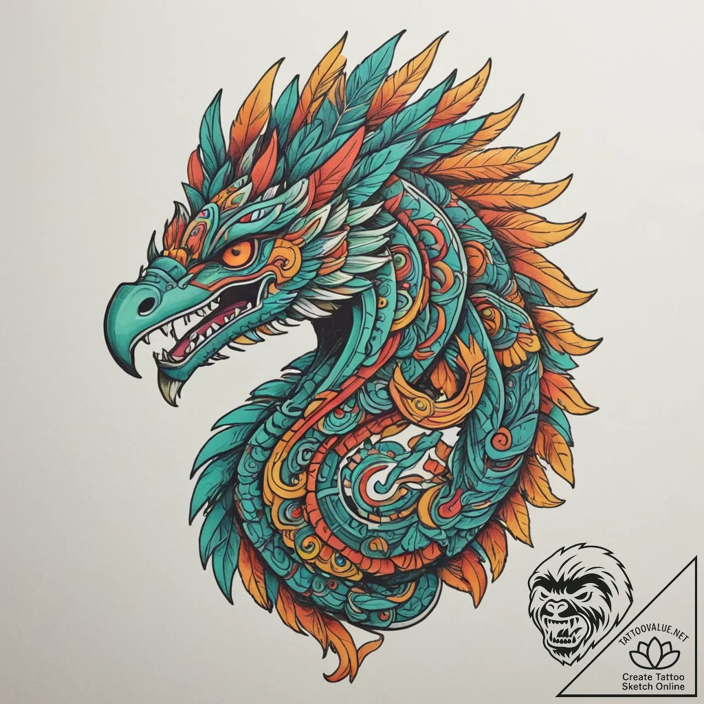 Aztec feathered serpent (quetzalcoatl), artis... - tattoo sketch (№1755493305_0, 18.08.2025 05:01) — tattoovalue.net