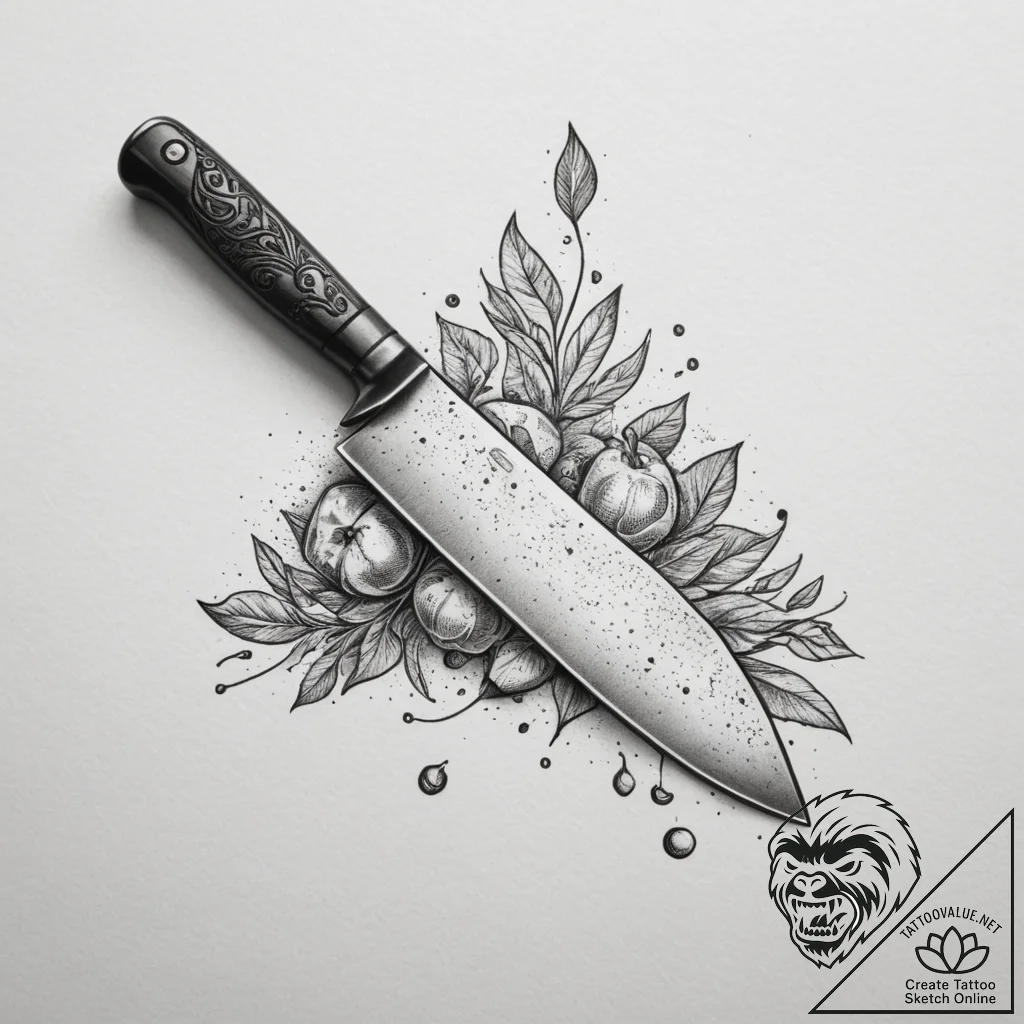 A close-up of a chef's knife, reflecting the... - tattoo sketch (№1755496481_0, 18.08.2025 05:54) — tattoovalue.net