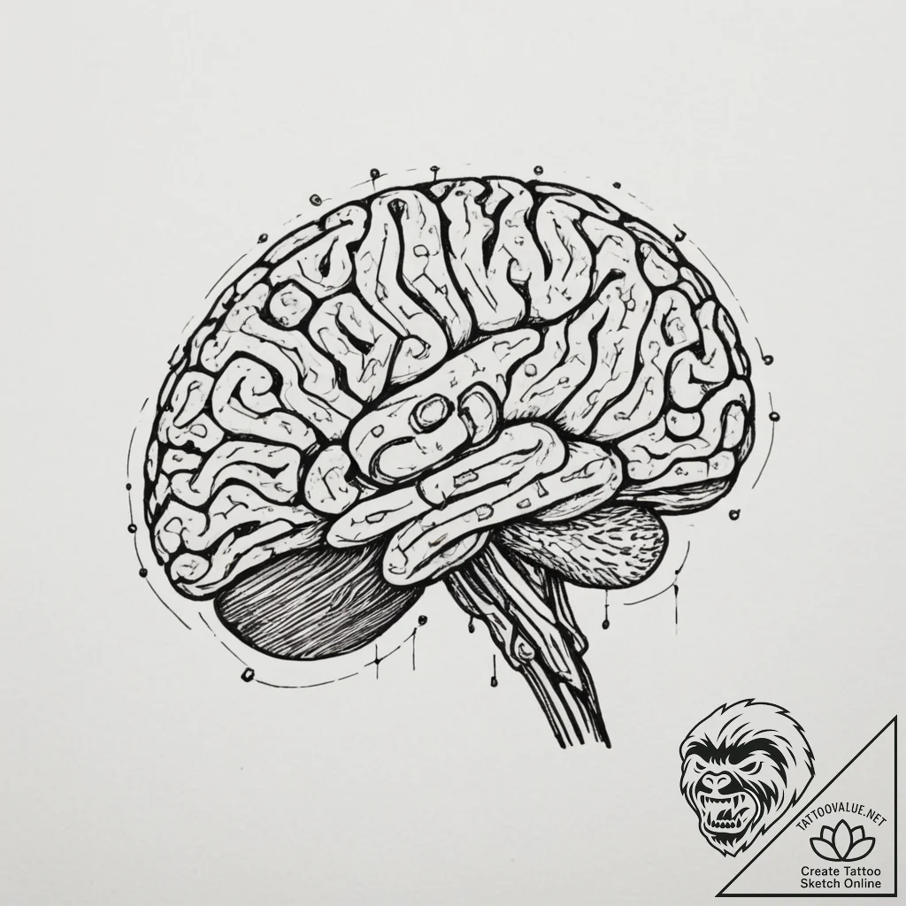 Tattoo design a human brain with integrated c... - tattoo sketch (№1755496877_0, 18.08.2025 06:01) — tattoovalue.net