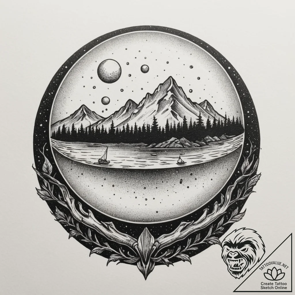 A shot through a crystal ball, showing an inv... - tattoo sketch (№1755503107_0, 18.08.2025 07:45) — tattoovalue.net