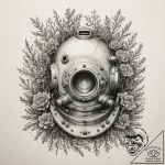 An old diving helmet overgrown with coral, ta… – tattoo sketch (№1755504312_0, 18.08.2025 08:05) — tattoovalue.net