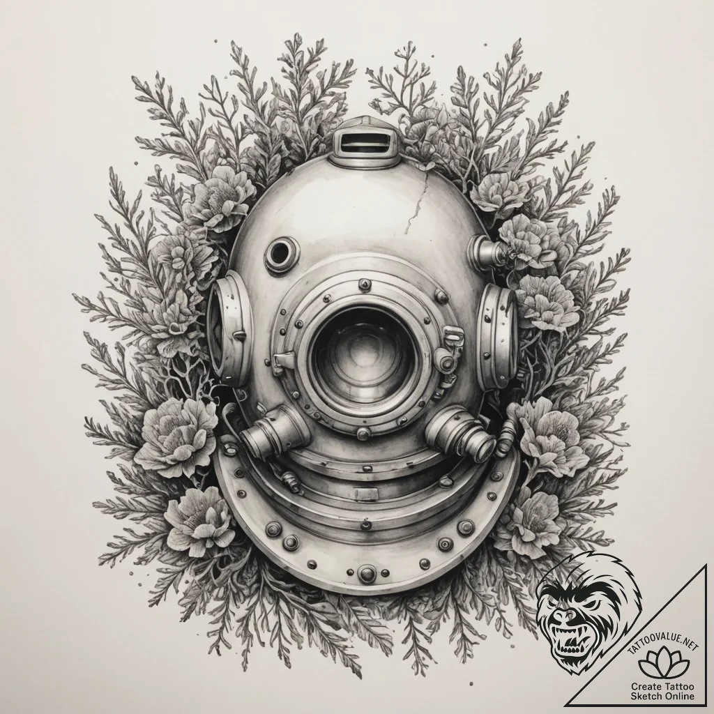 An old diving helmet overgrown with coral, ta... - tattoo sketch (№1755504312_0, 18.08.2025 08:05) — tattoovalue.net